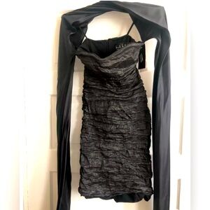 NWT Nicole Miller Collection bodycon dress sz 2 black silver crinkle wrap trendy